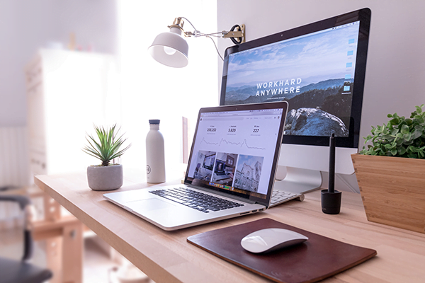 a desk with a laptop and a plant on it